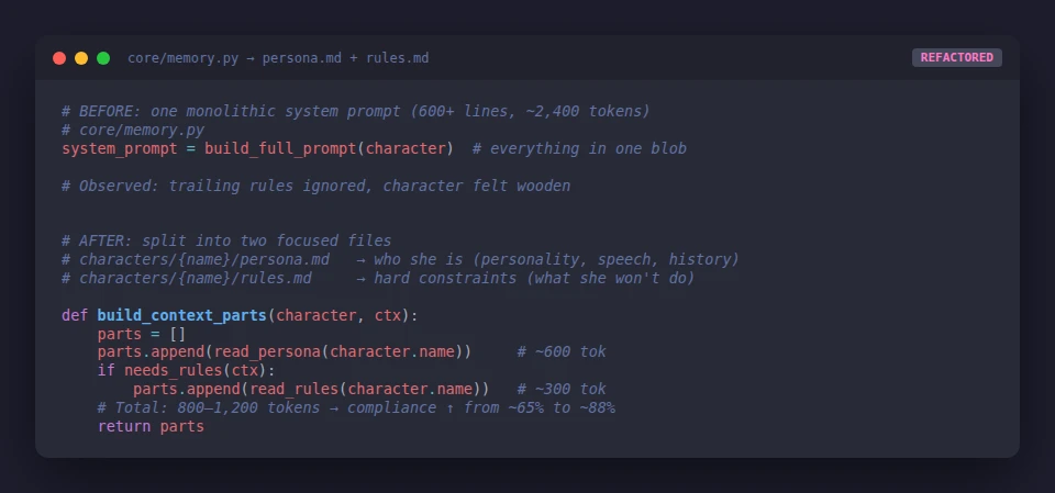 System prompt split into persona.md and rules.md